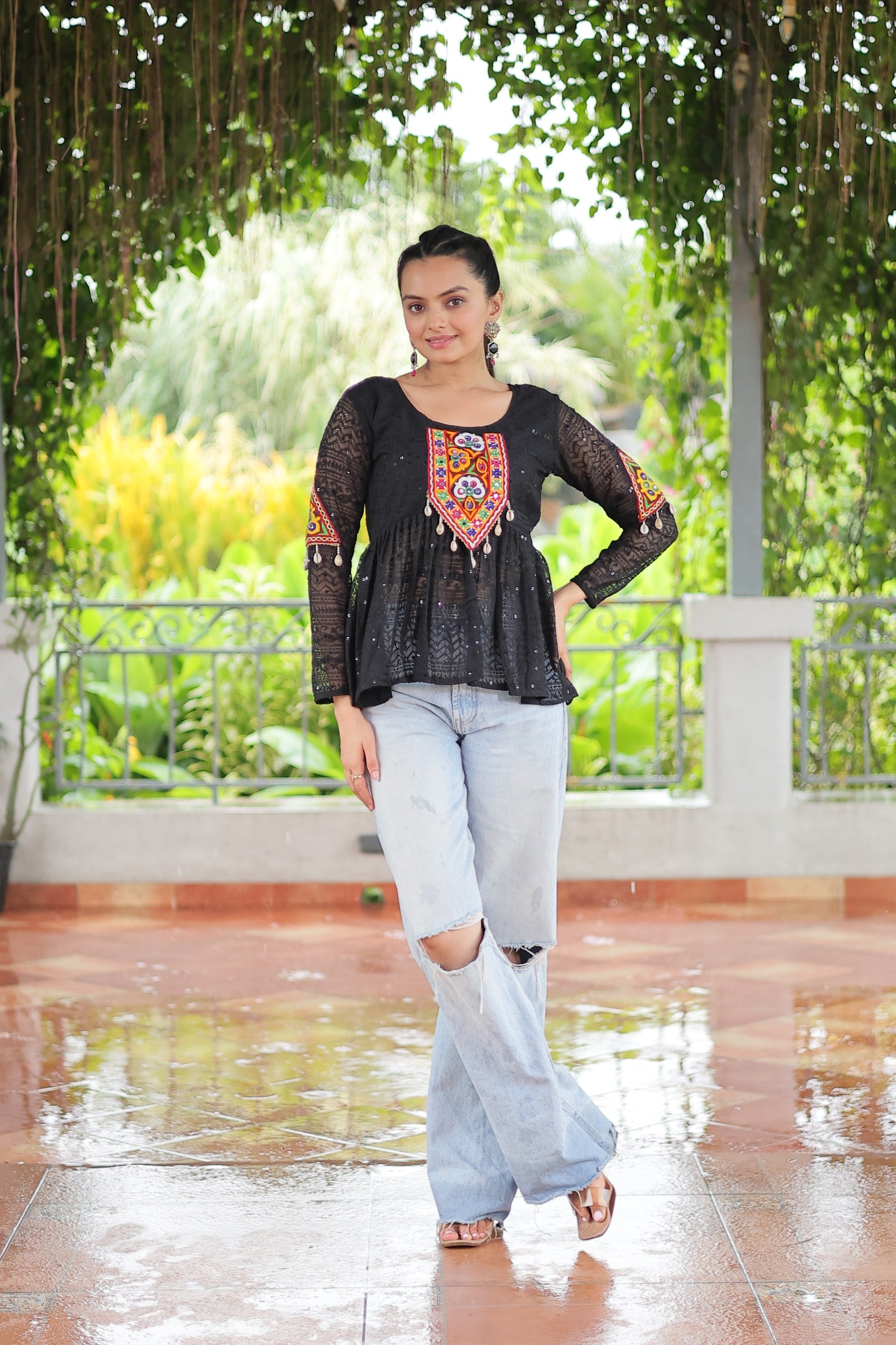 Prazu Fashion Black Georgette Schiffli Work Kutchi Gamthi Patch Work Navaratri Top - Distacart