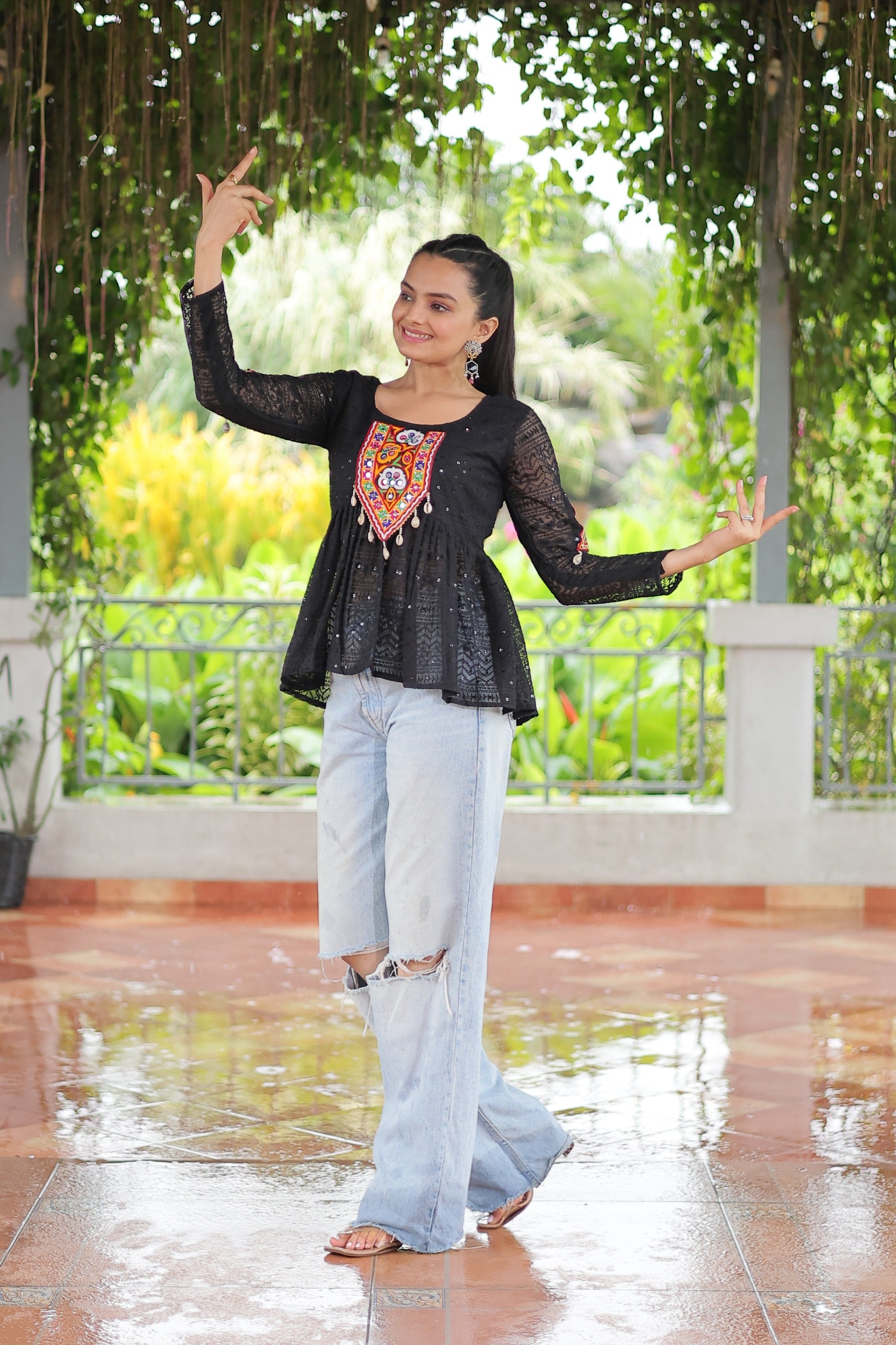 Prazu Fashion Black Georgette Schiffli Work Kutchi Gamthi Patch Work Navaratri Top