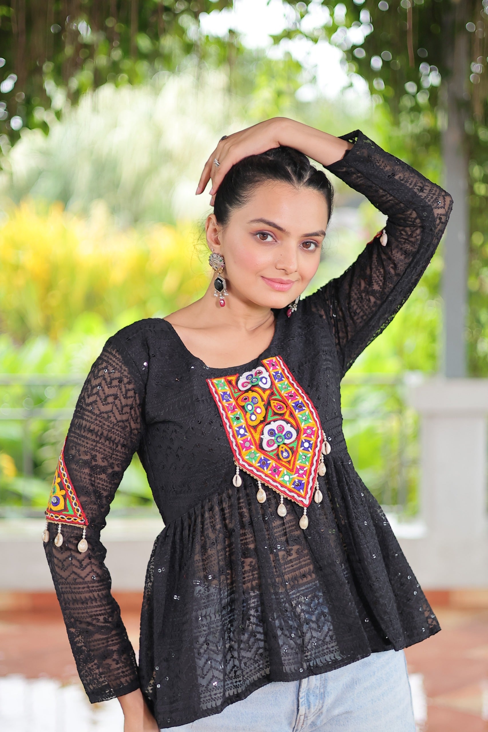 Prazu Fashion Black Georgette Schiffli Work Kutchi Gamthi Patch Work Navaratri Top