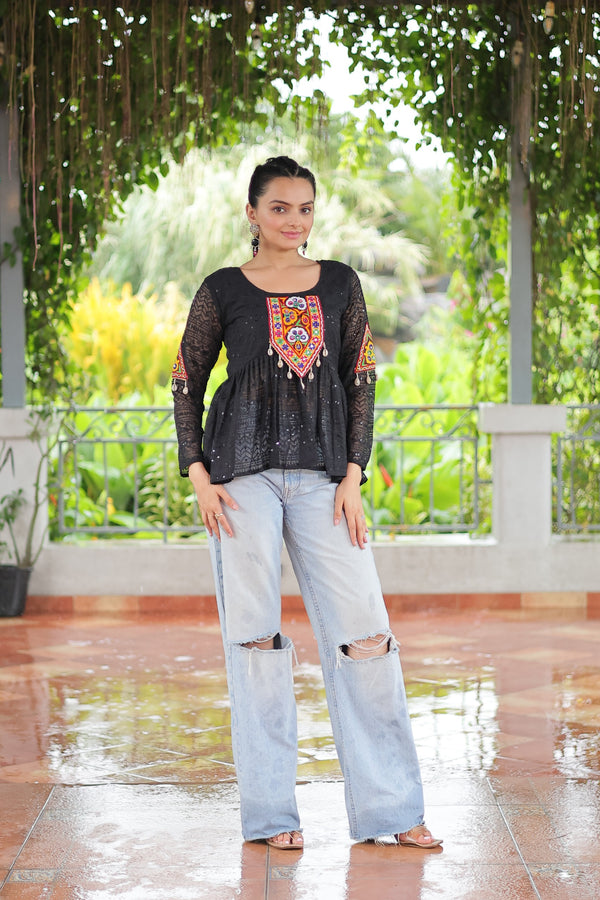 Prazu Fashion Black Georgette Schiffli Work Kutchi Gamthi Patch Work Navaratri Top