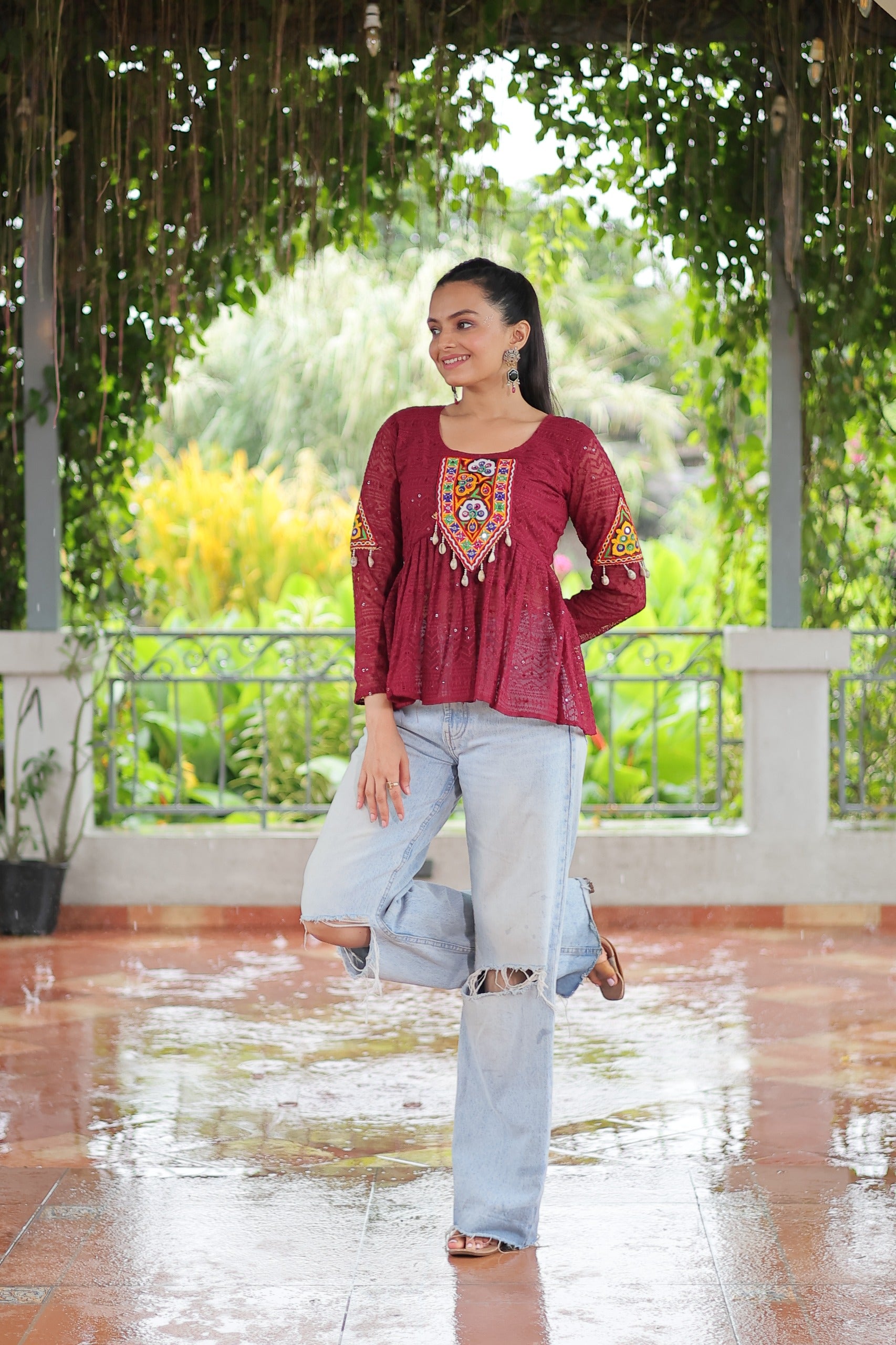 Prazu Fashion Maroon Georgette Schiffli Work Kutchi Gamthi Patch Work Navaratri Top