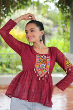 Thumbnail for Prazu Fashion Maroon Georgette Schiffli Work Kutchi Gamthi Patch Work Navaratri Top
