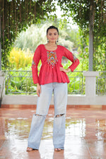 Thumbnail for Prazu Fashion Pink Georgette Schiffli Work Kutchi Gamthi Patch Work Navaratri Top