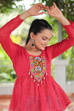 Thumbnail for Prazu Fashion Pink Georgette Schiffli Work Kutchi Gamthi Patch Work Navaratri Top