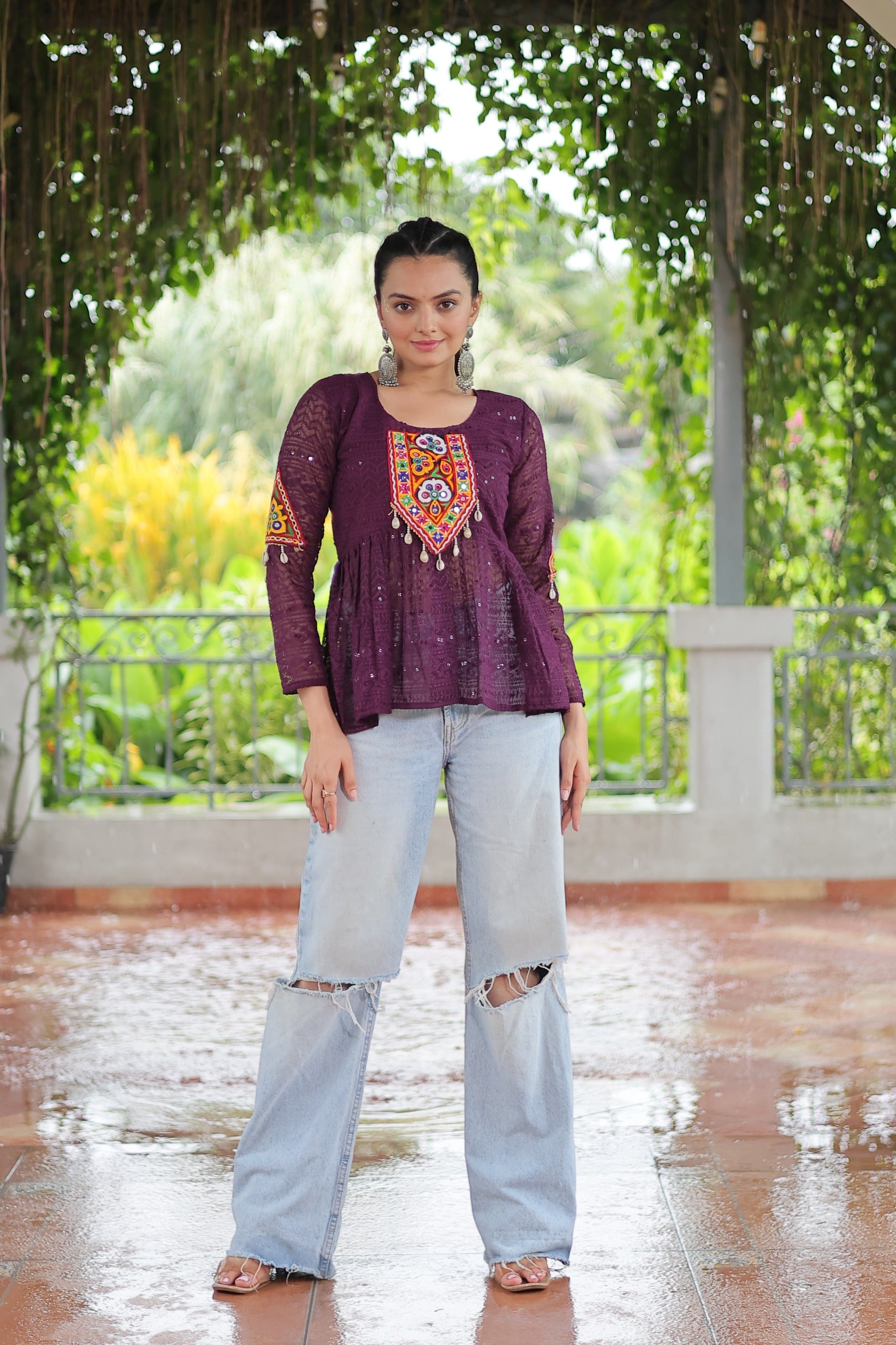 Prazu Fashion Wine Georgette Schiffli Work Kutchi Gamthi Patch Work Navaratri Top - Distacart