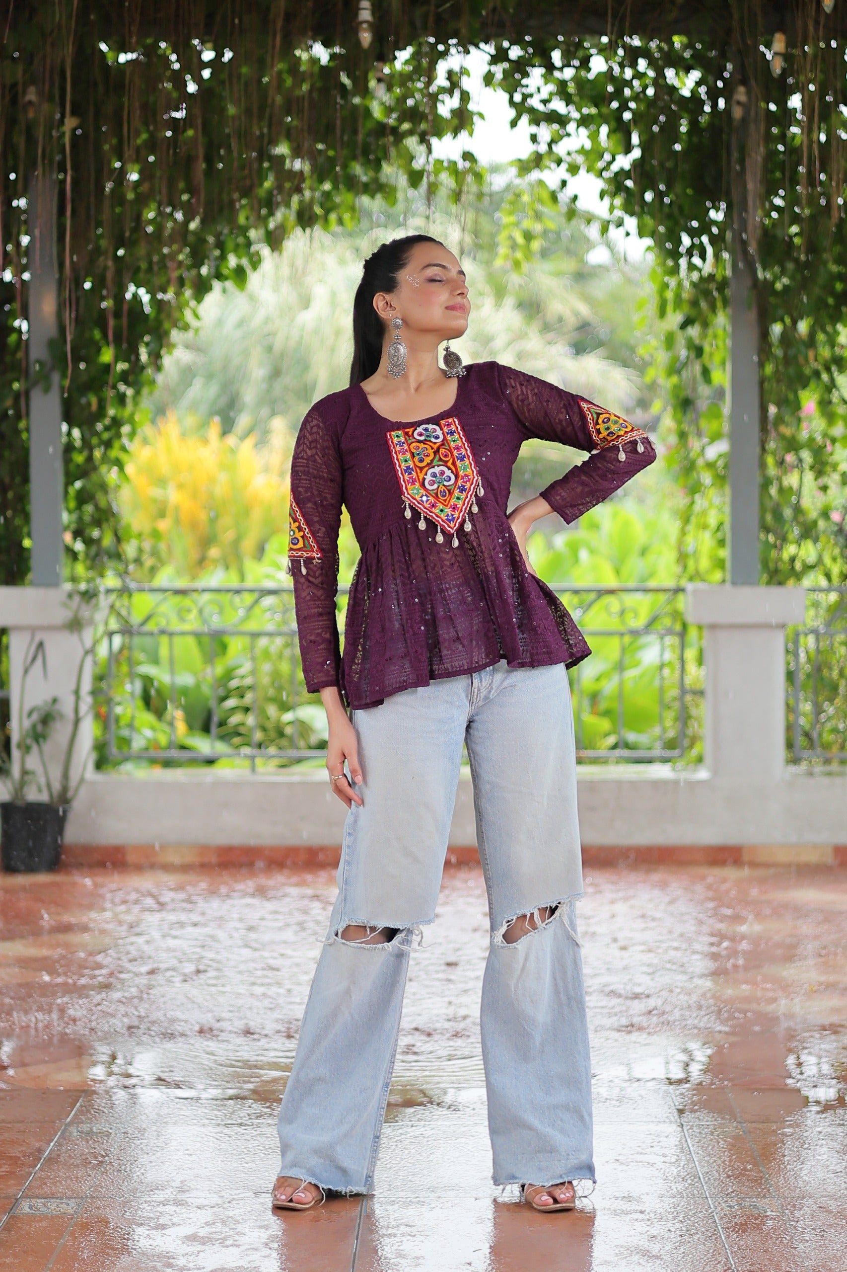 Prazu Fashion Wine Georgette Schiffli Work Kutchi Gamthi Patch Work Navaratri Top