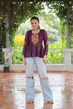 Thumbnail for Prazu Fashion Wine Georgette Schiffli Work Kutchi Gamthi Patch Work Navaratri Top