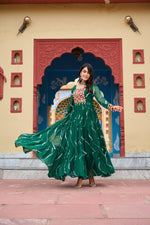 Thumbnail for Prazu Fashion Green Georgette Laheriya Print Kutchi Patch Work Navaratri Gown