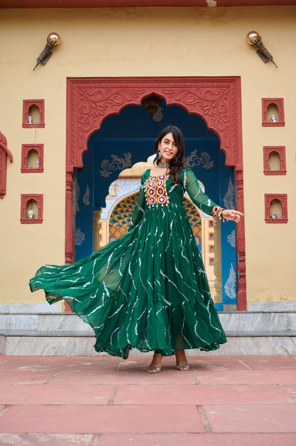 Prazu Fashion Green Georgette Laheriya Print Kutchi Patch Work Navaratri Gown