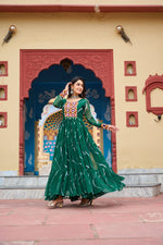 Thumbnail for Prazu Fashion Green Georgette Laheriya Print Kutchi Patch Work Navaratri Gown