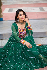Thumbnail for Prazu Fashion Green Georgette Laheriya Print Kutchi Patch Work Navaratri Gown