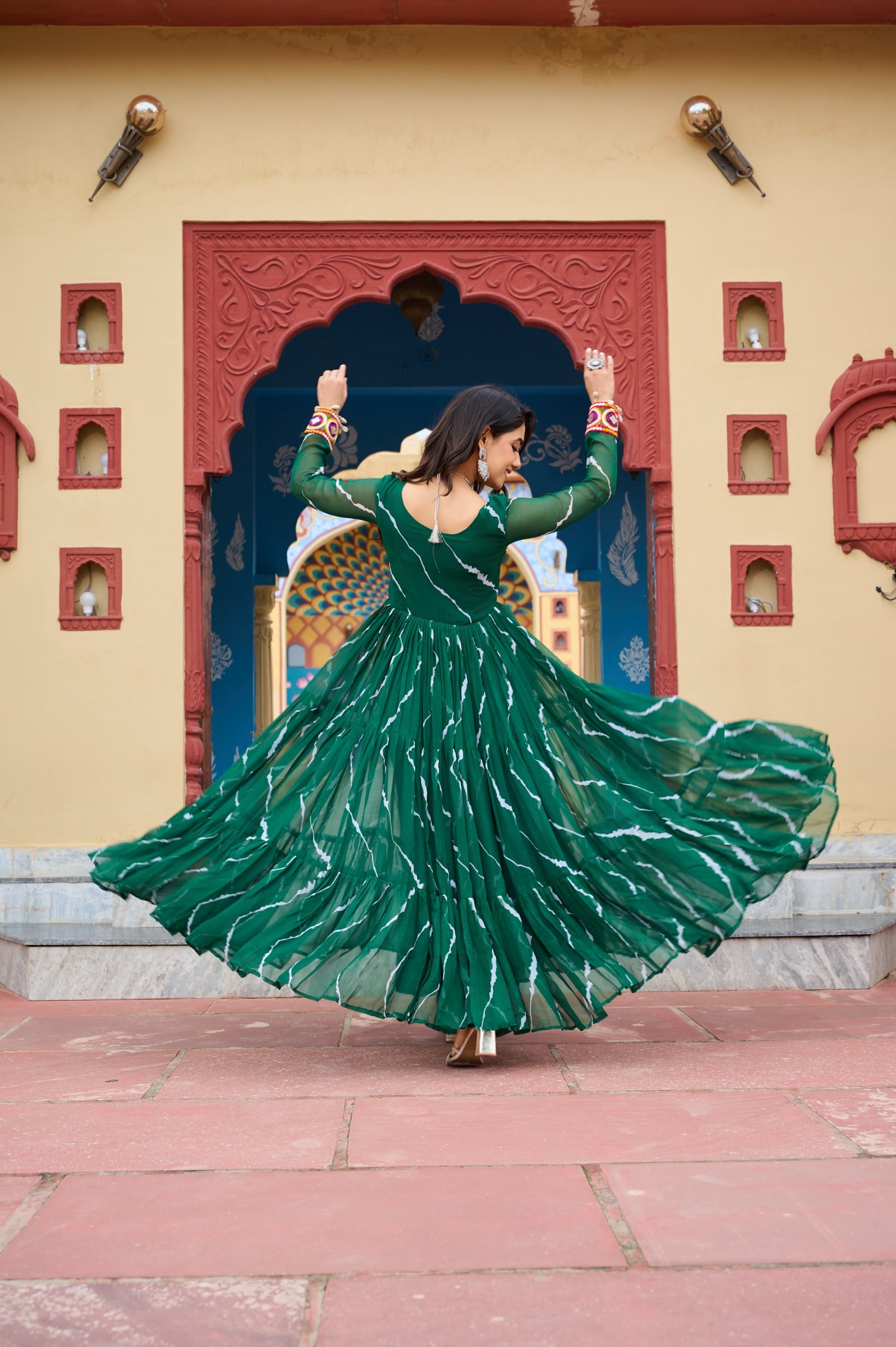 Prazu Fashion Green Georgette Laheriya Print Kutchi Patch Work Navaratri Gown