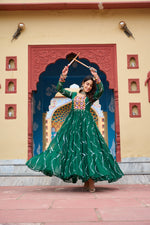 Thumbnail for Prazu Fashion Green Georgette Laheriya Print Kutchi Patch Work Navaratri Gown