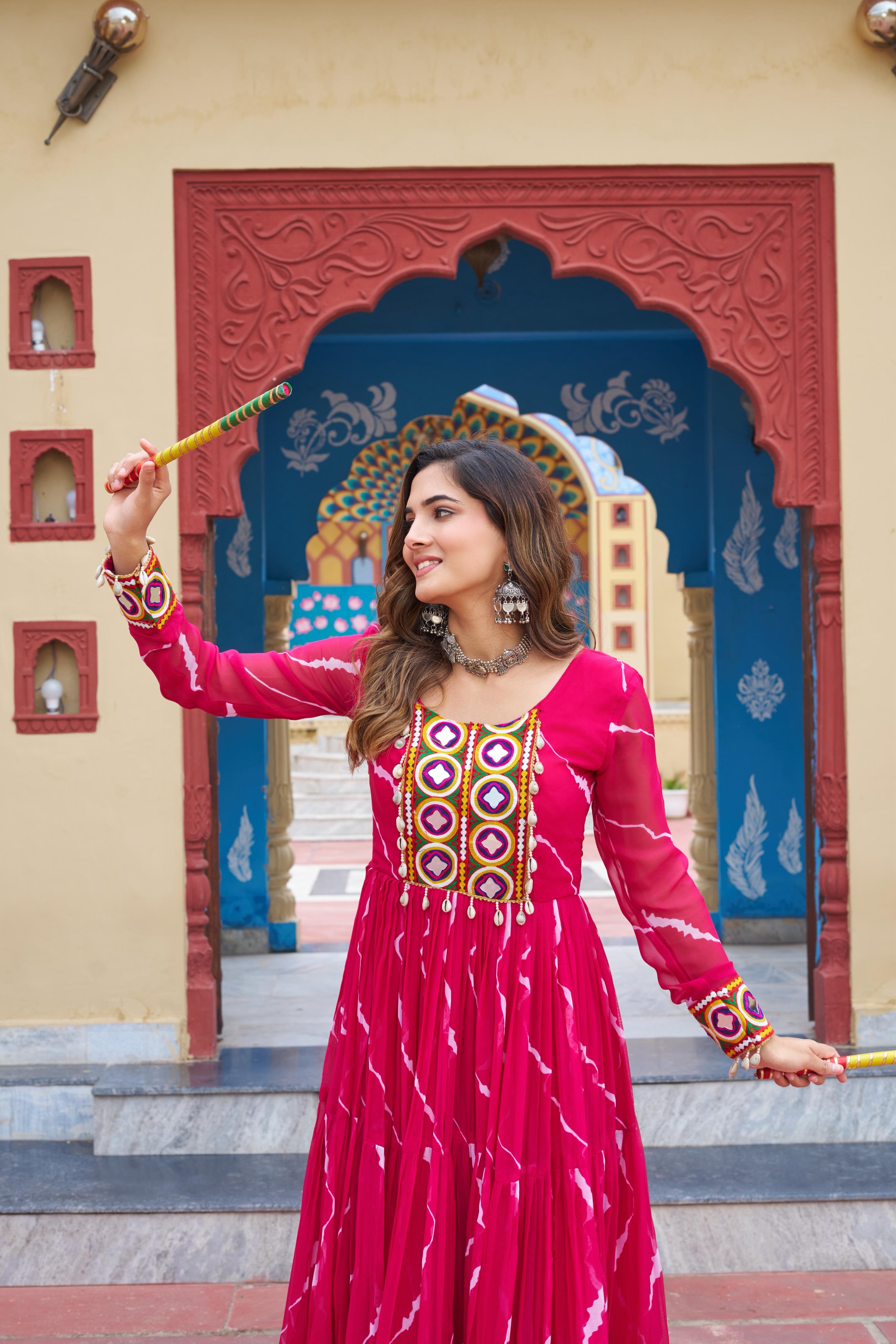 Prazu Fashion Pink Georgette Laheriya Print Kutchi Patch work Navaratri Gown