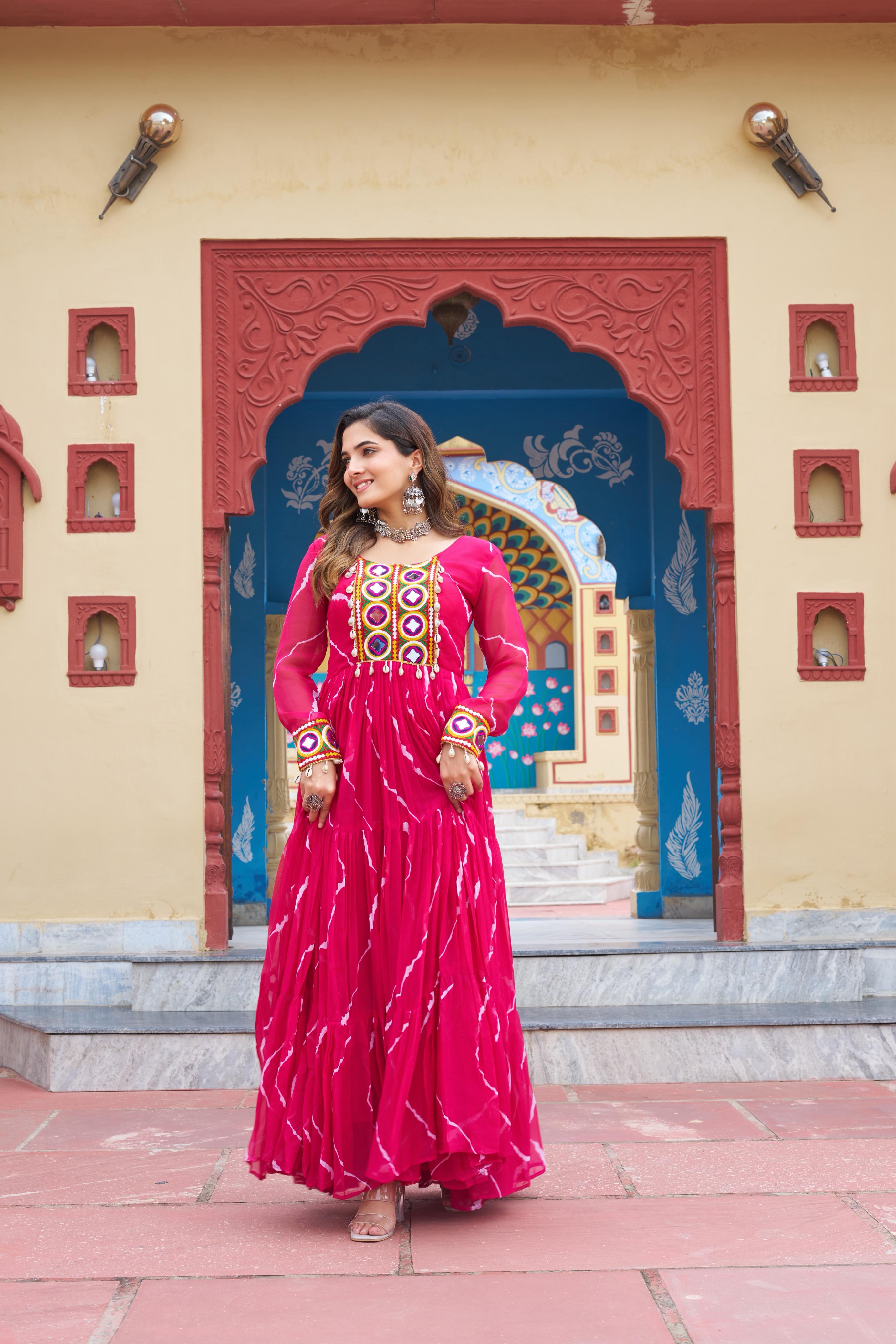 Prazu Fashion Pink Georgette Laheriya Print Kutchi Patch work Navaratri Gown - Distacart