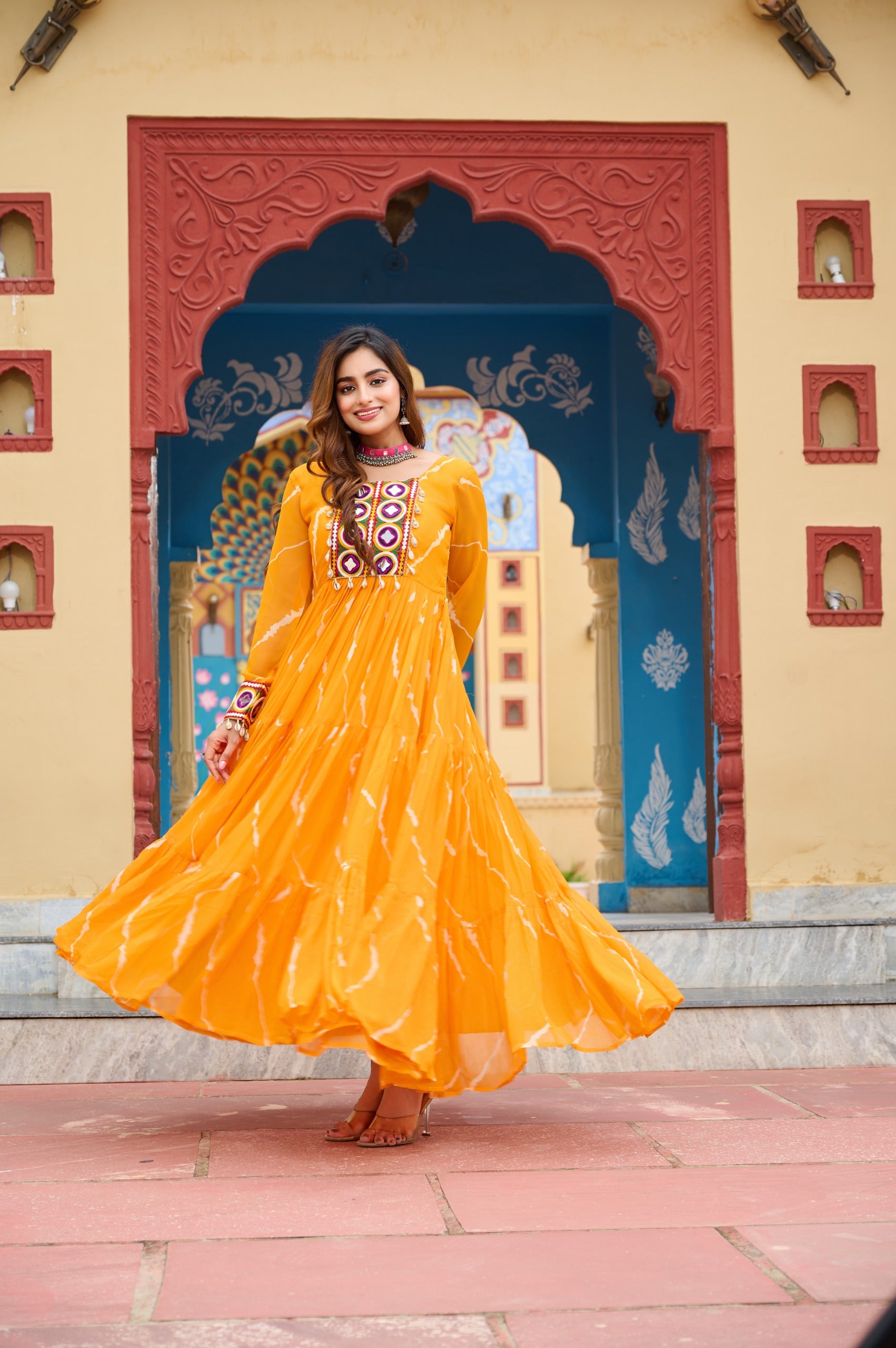 Prazu Fashion Yellow Georgette Laheriya Print Kutchi Patch work Navaratri Gown - Distacart