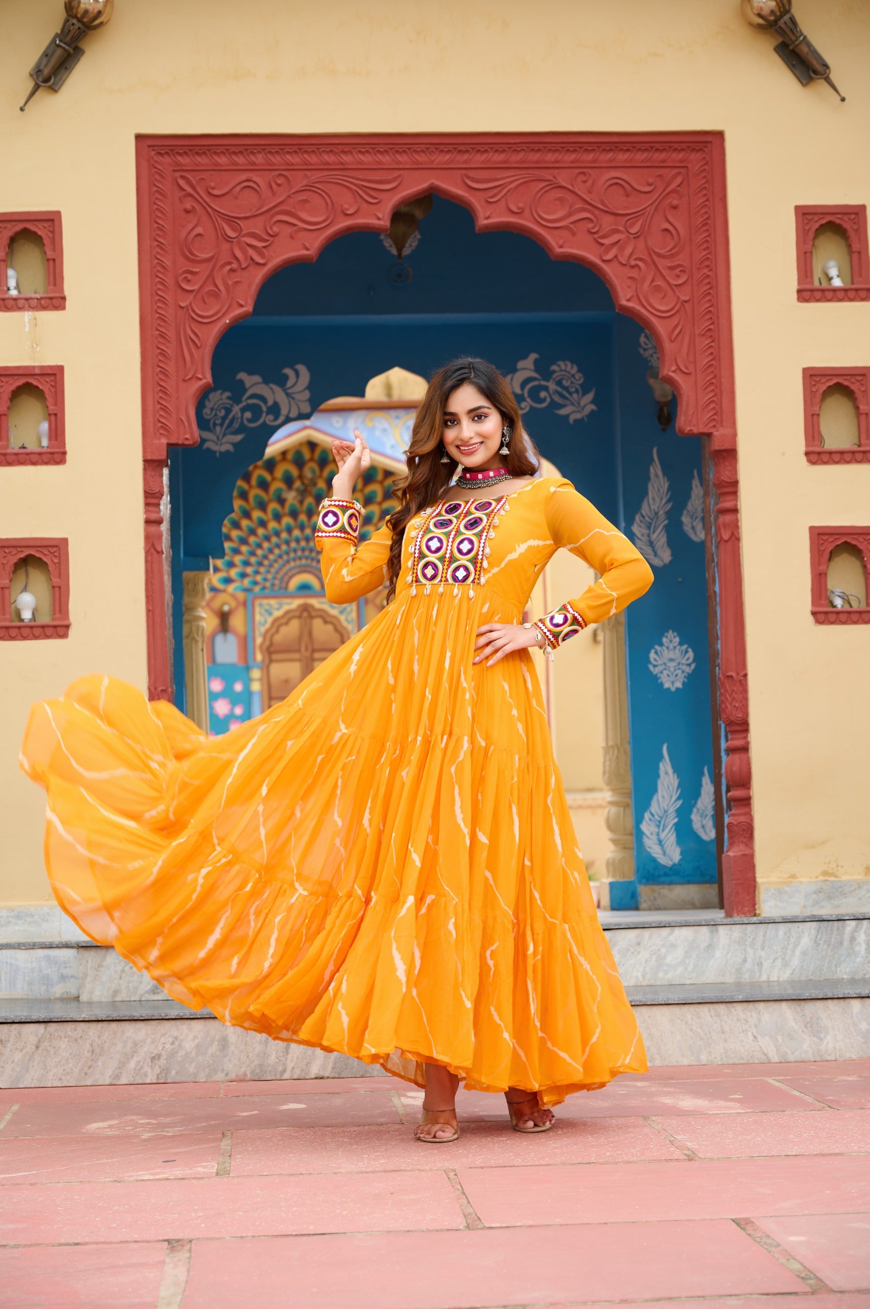 Prazu Fashion Yellow Georgette Laheriya Print Kutchi Patch work Navaratri Gown