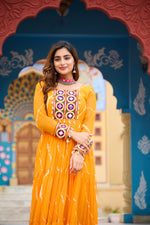 Thumbnail for Prazu Fashion Yellow Georgette Laheriya Print Kutchi Patch work Navaratri Gown