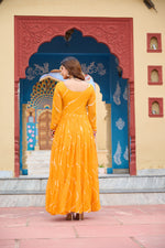 Thumbnail for Prazu Fashion Yellow Georgette Laheriya Print Kutchi Patch work Navaratri Gown