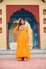 Thumbnail for Prazu Fashion Yellow Georgette Laheriya Print Kutchi Patch work Navaratri Gown
