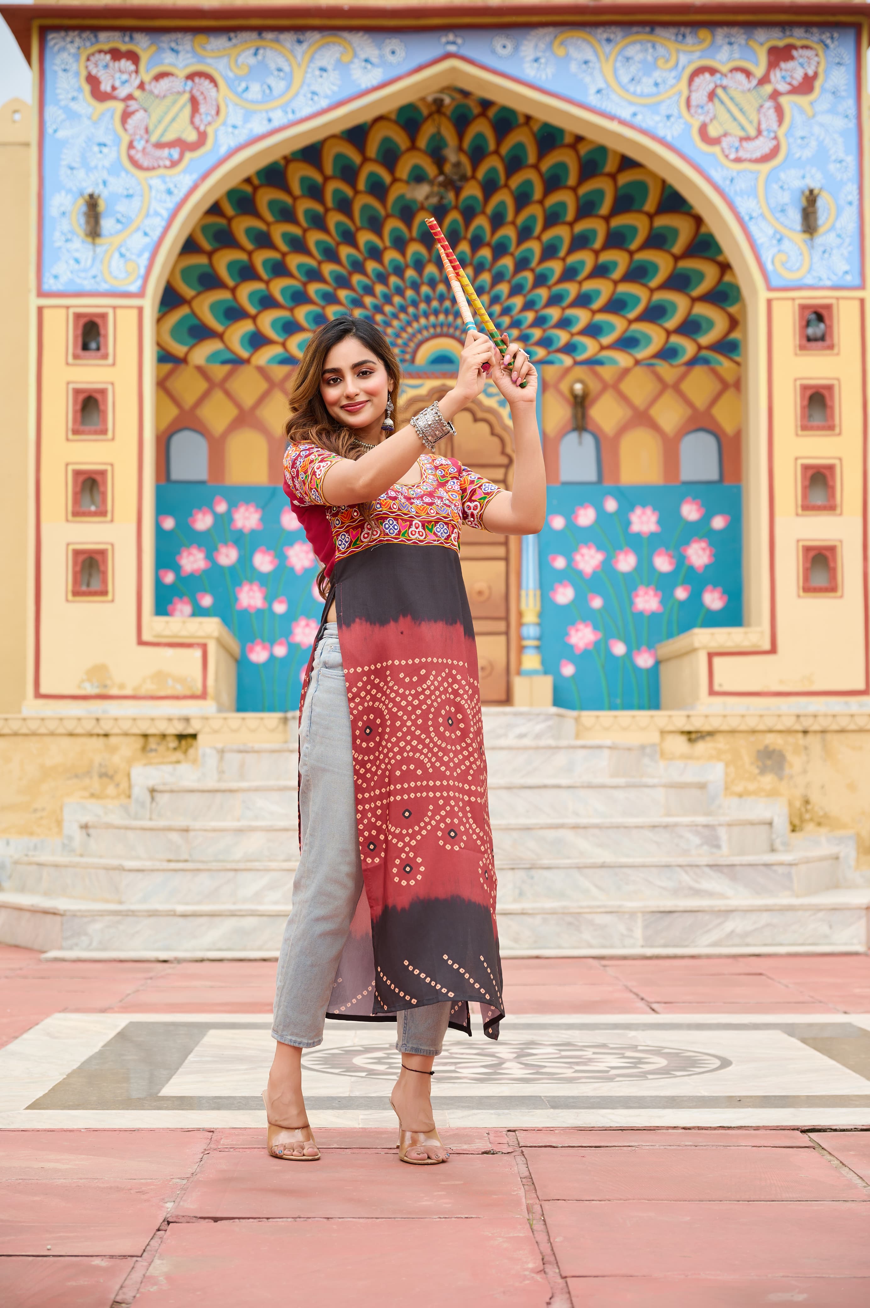 Prazu Fashion Maroon Rayon Printed With Kutchi Gamthi Work Navaratri Kurti - Distacart