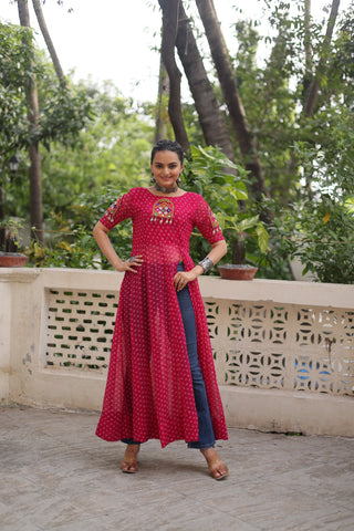 Prazu Fashion Pink Georgette Bandhani Print With Kutchi Patch work Navaratri Kurti