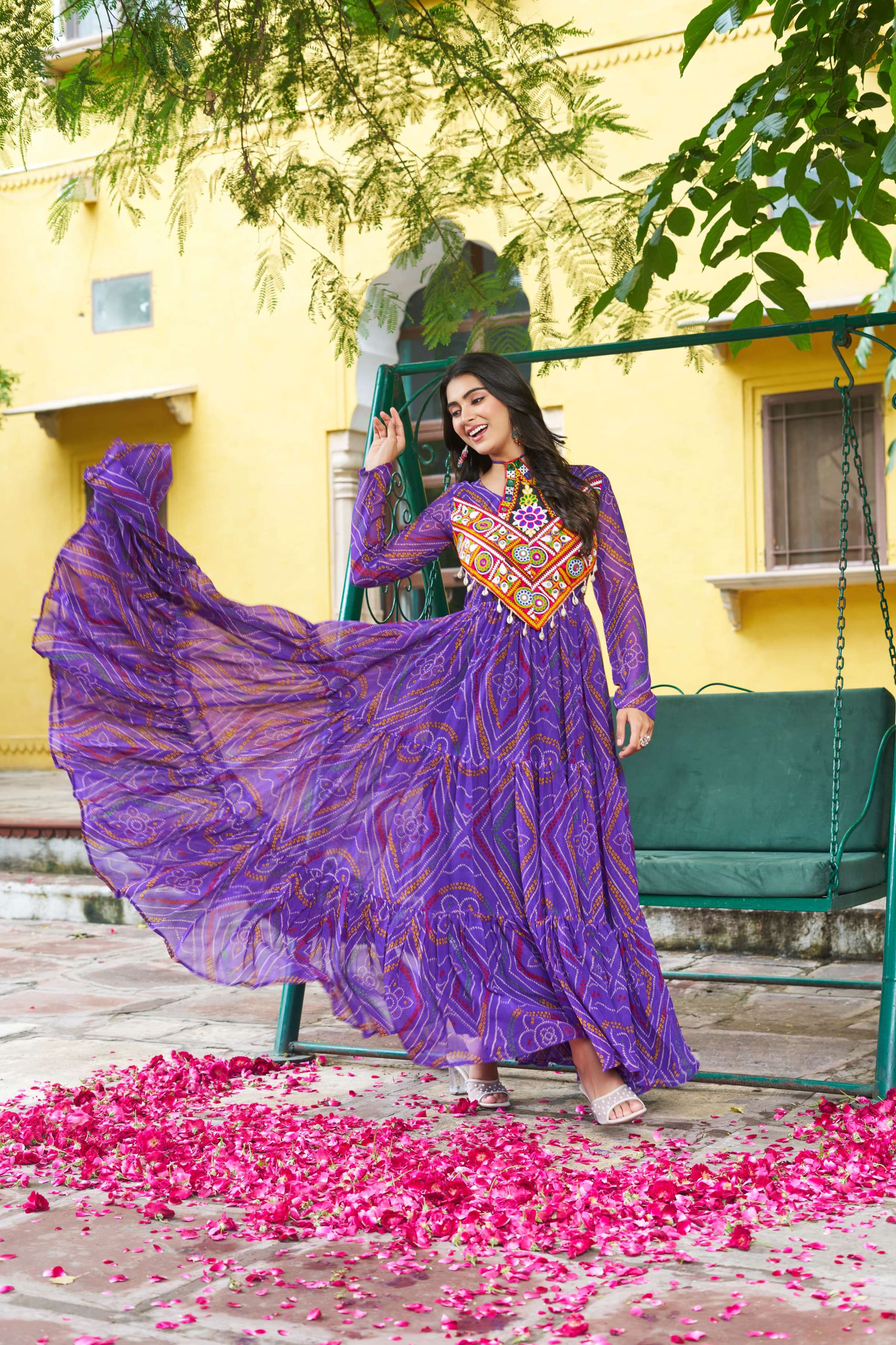 Prazu Fashion Purple Georgette Bandhani Print With Kutchi Patchwork Navratri Gown - Distacart