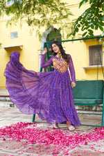 Thumbnail for Prazu Fashion Purple Georgette Bandhani Print With Kutchi Patchwork Navratri Gown