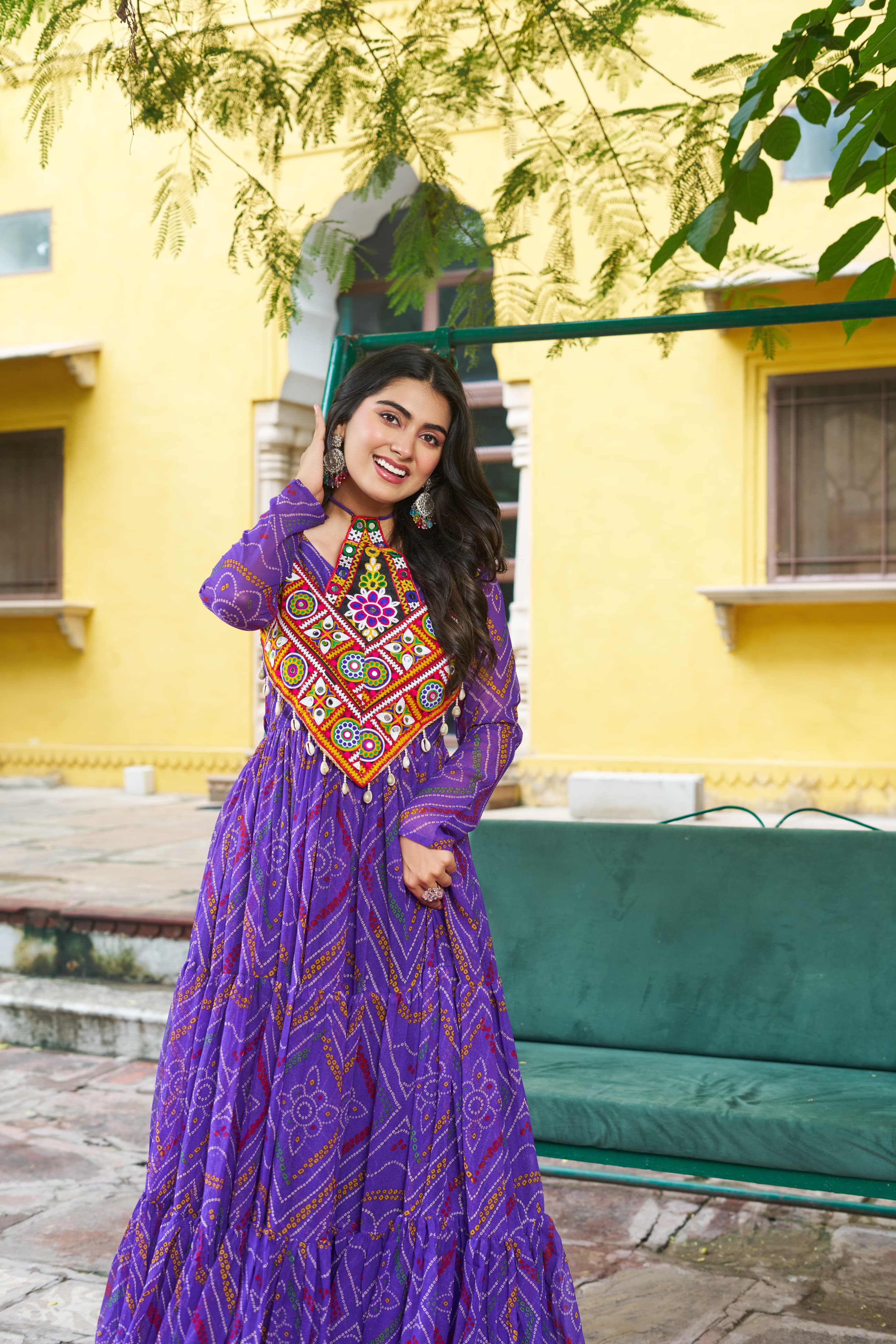 Prazu Fashion Purple Georgette Bandhani Print With Kutchi Patchwork Navratri Gown