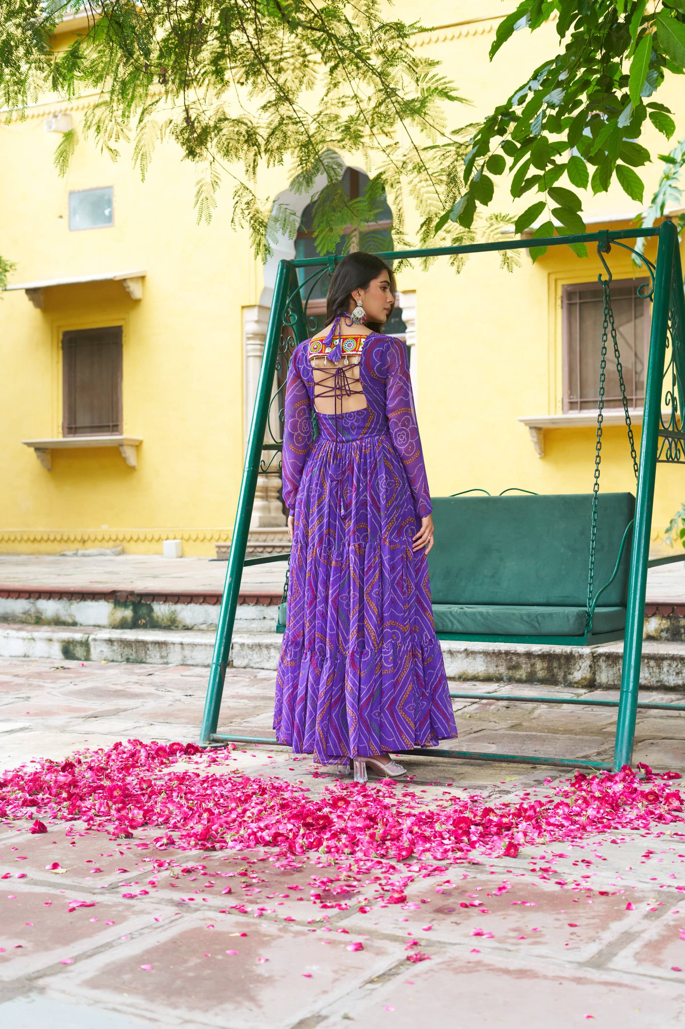 Prazu Fashion Purple Georgette Bandhani Print With Kutchi Patchwork Navratri Gown