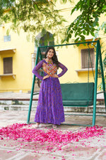 Thumbnail for Prazu Fashion Purple Georgette Bandhani Print With Kutchi Patchwork Navratri Gown