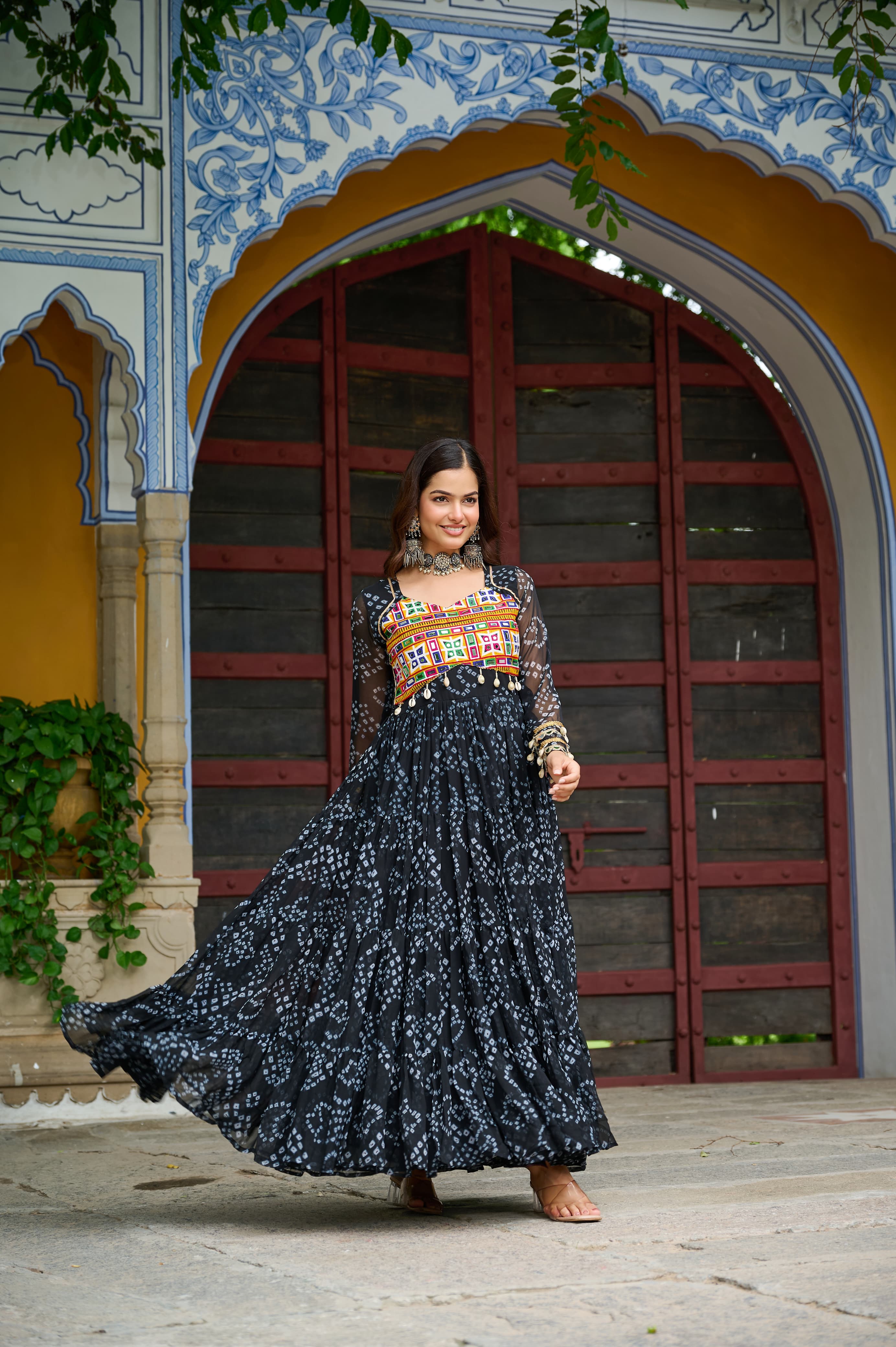 Prazu Fashion Black Georgette Bandhani Print With Kutchi Patch work Navaratri Gown - Distacart