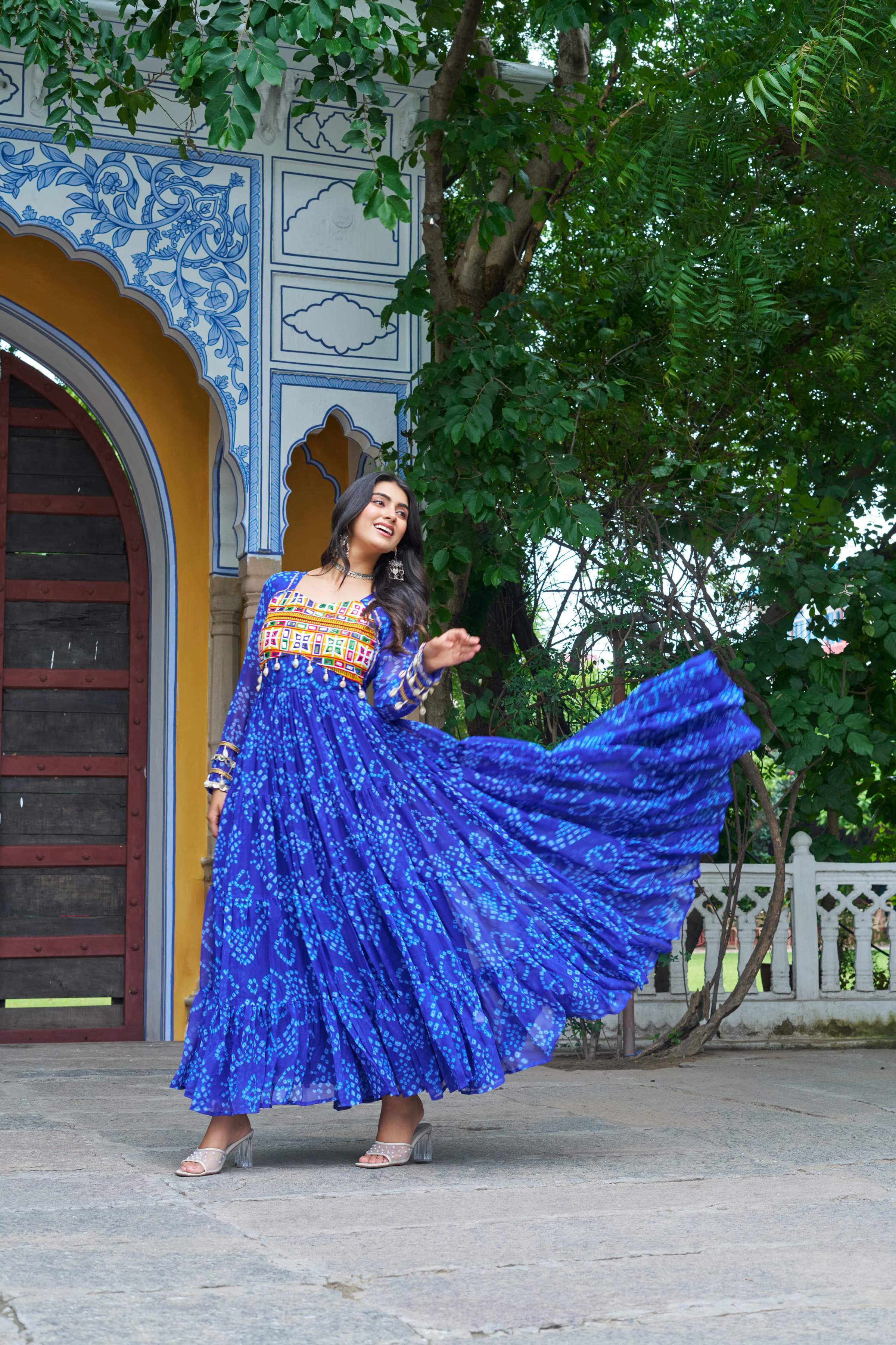 Prazu Fashion Blue Georgette Bandhani Print With Kutchi Patch work Navaratri Gown - Distacart