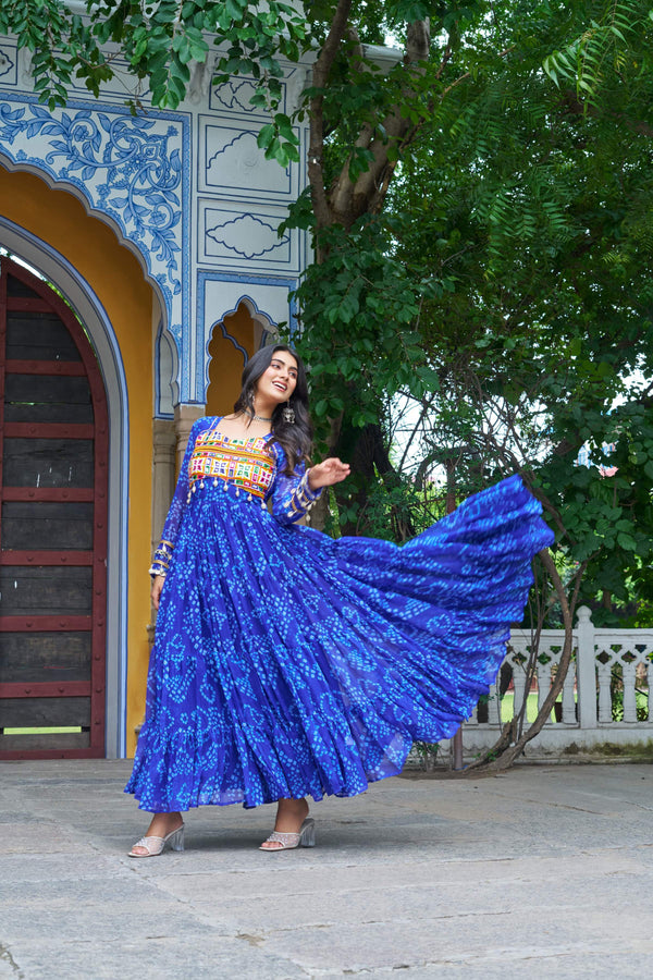 Prazu Fashion Blue Georgette Bandhani Print With Kutchi Patch work Navaratri Gown