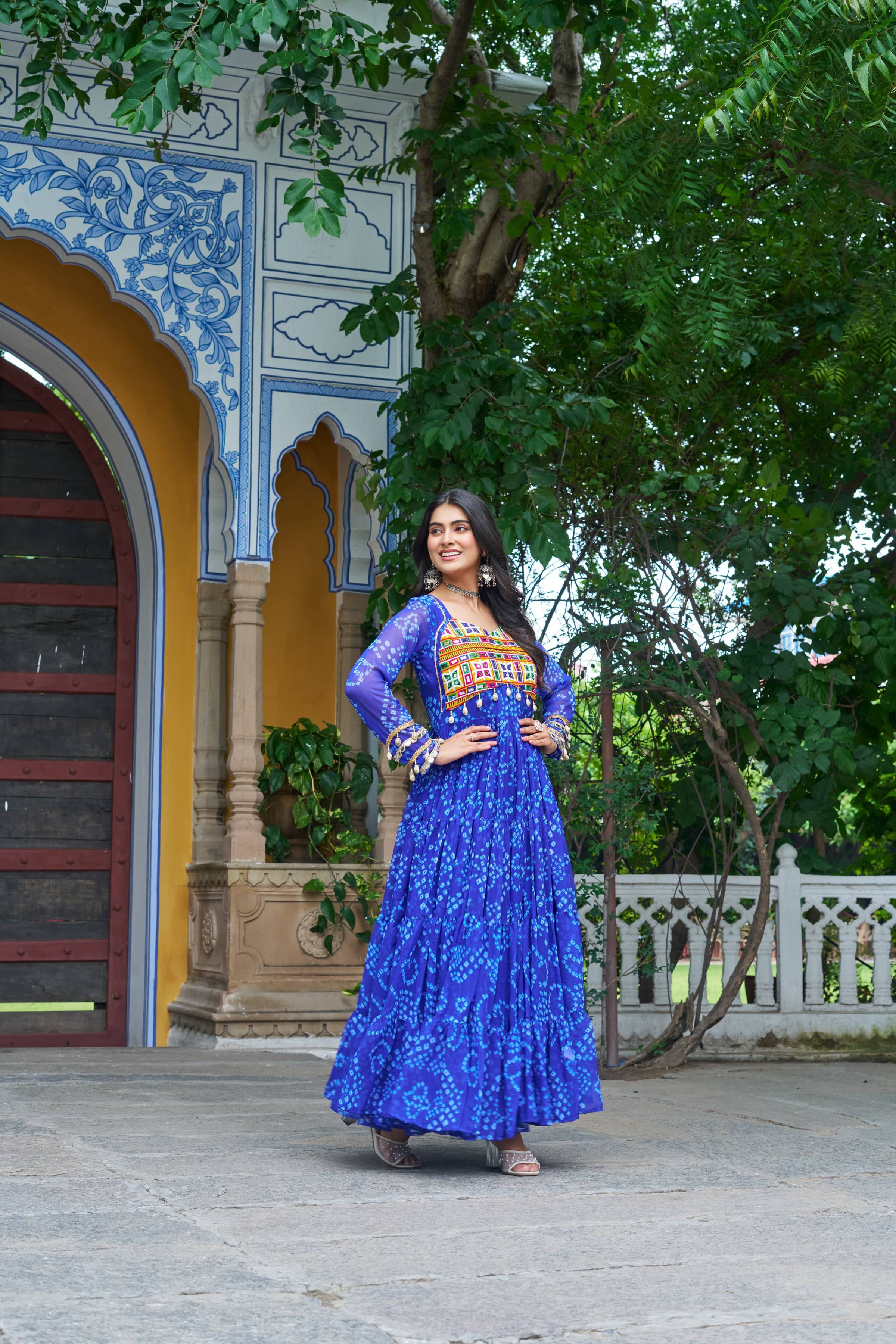 Prazu Fashion Blue Georgette Bandhani Print With Kutchi Patch work Navaratri Gown