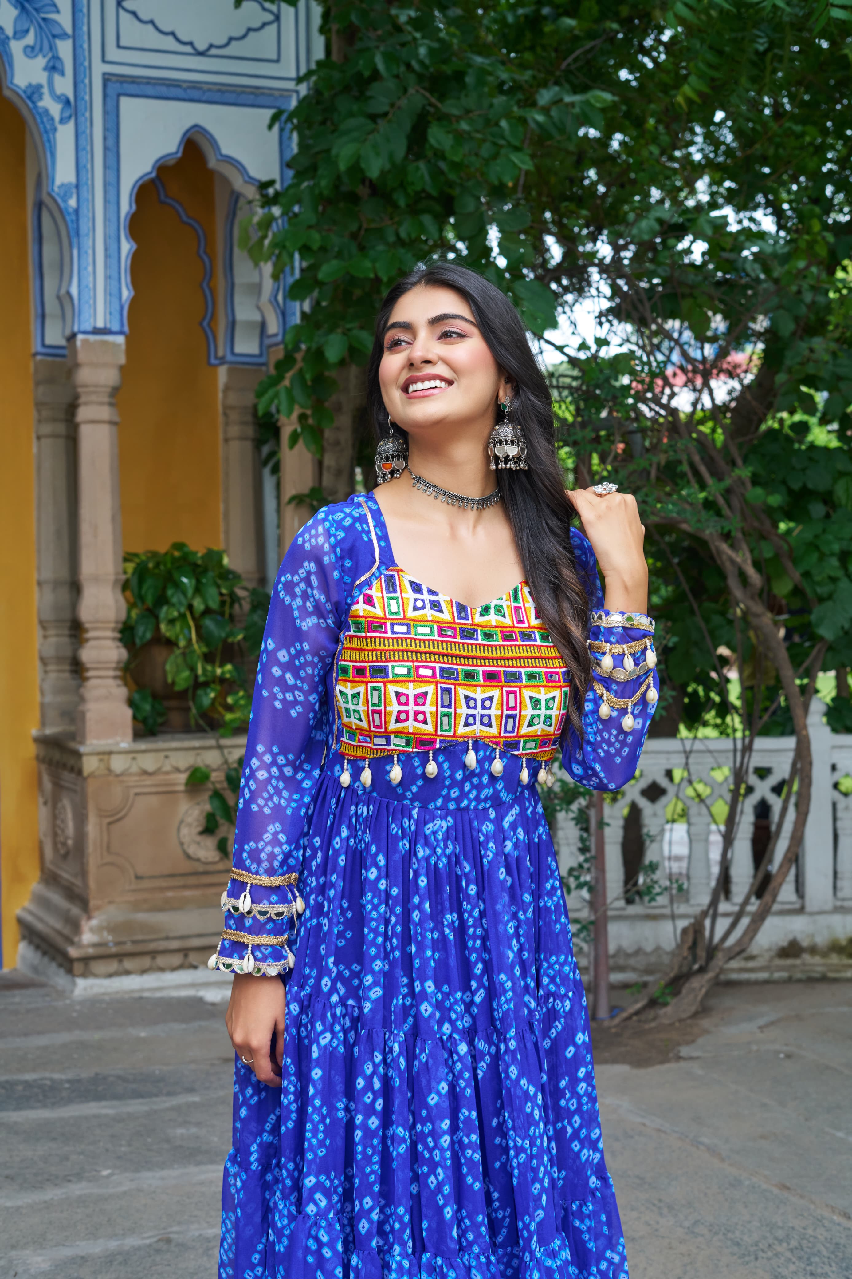 Prazu Fashion Blue Georgette Bandhani Print With Kutchi Patch work Navaratri Gown