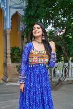 Thumbnail for Prazu Fashion Blue Georgette Bandhani Print With Kutchi Patch work Navaratri Gown