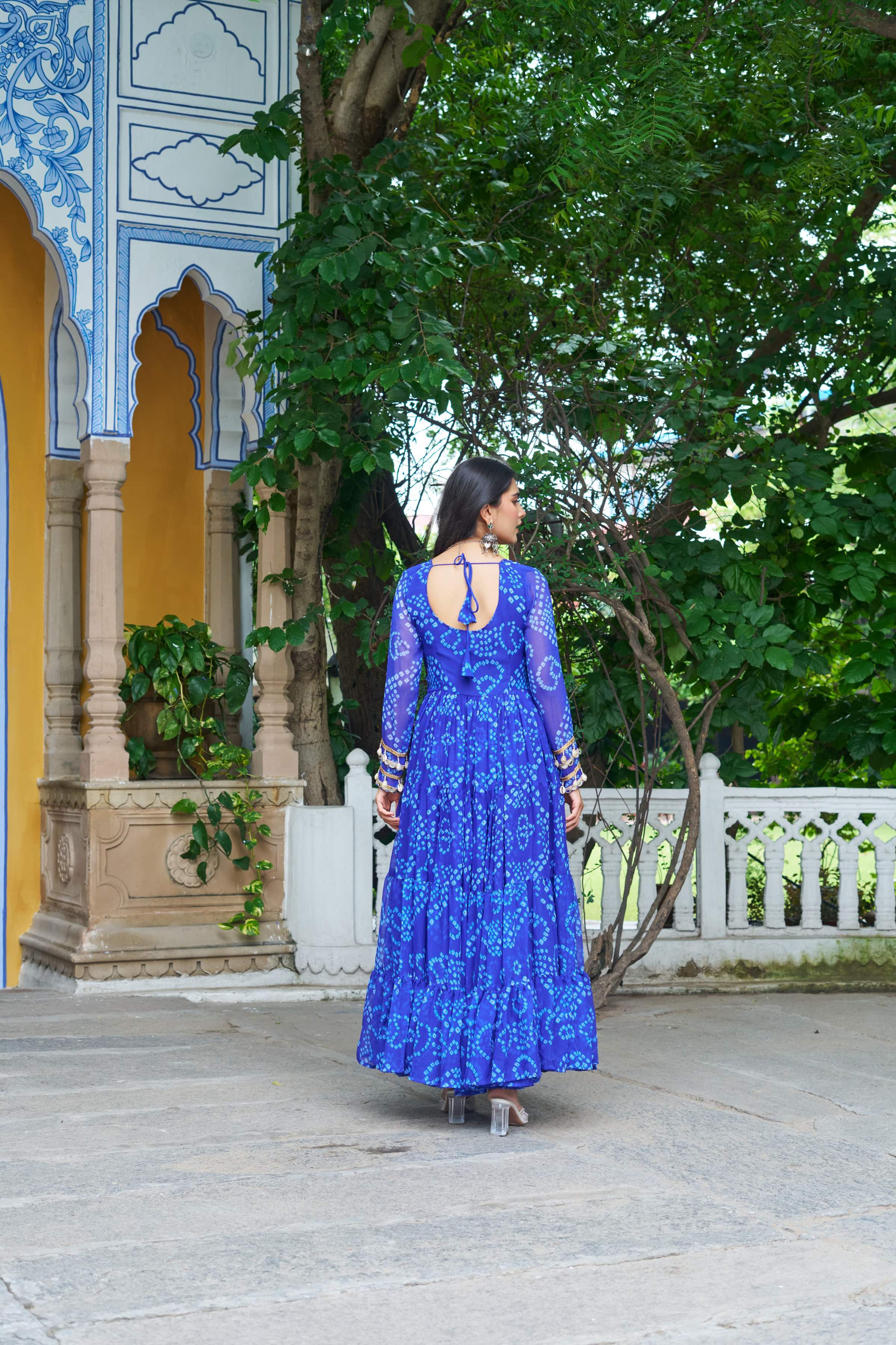 Prazu Fashion Blue Georgette Bandhani Print With Kutchi Patch work Navaratri Gown