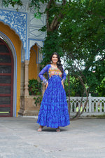 Thumbnail for Prazu Fashion Blue Georgette Bandhani Print With Kutchi Patch work Navaratri Gown
