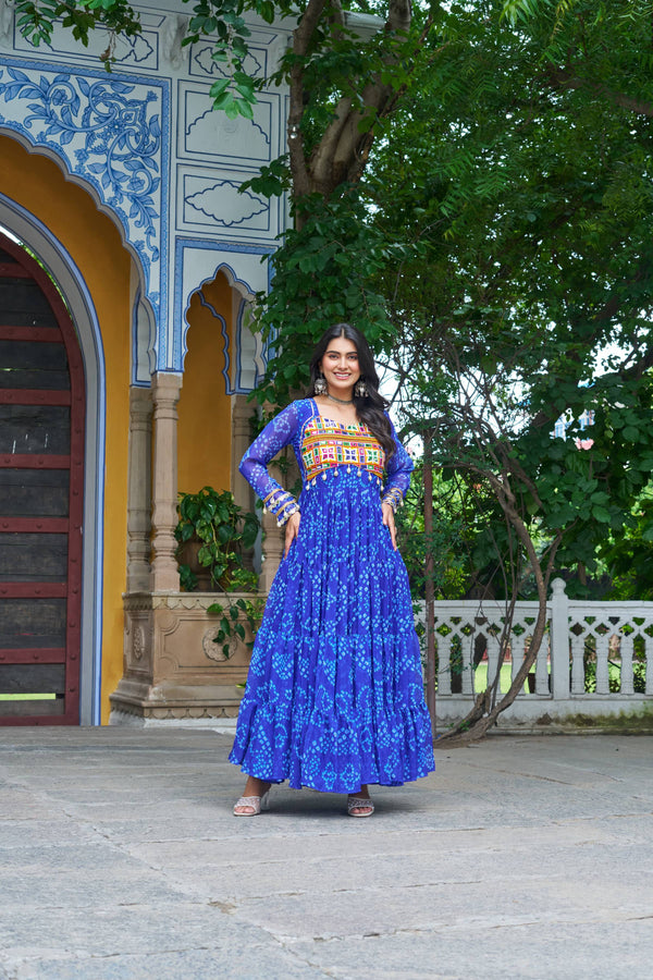 Prazu Fashion Blue Georgette Bandhani Print With Kutchi Patch work Navaratri Gown