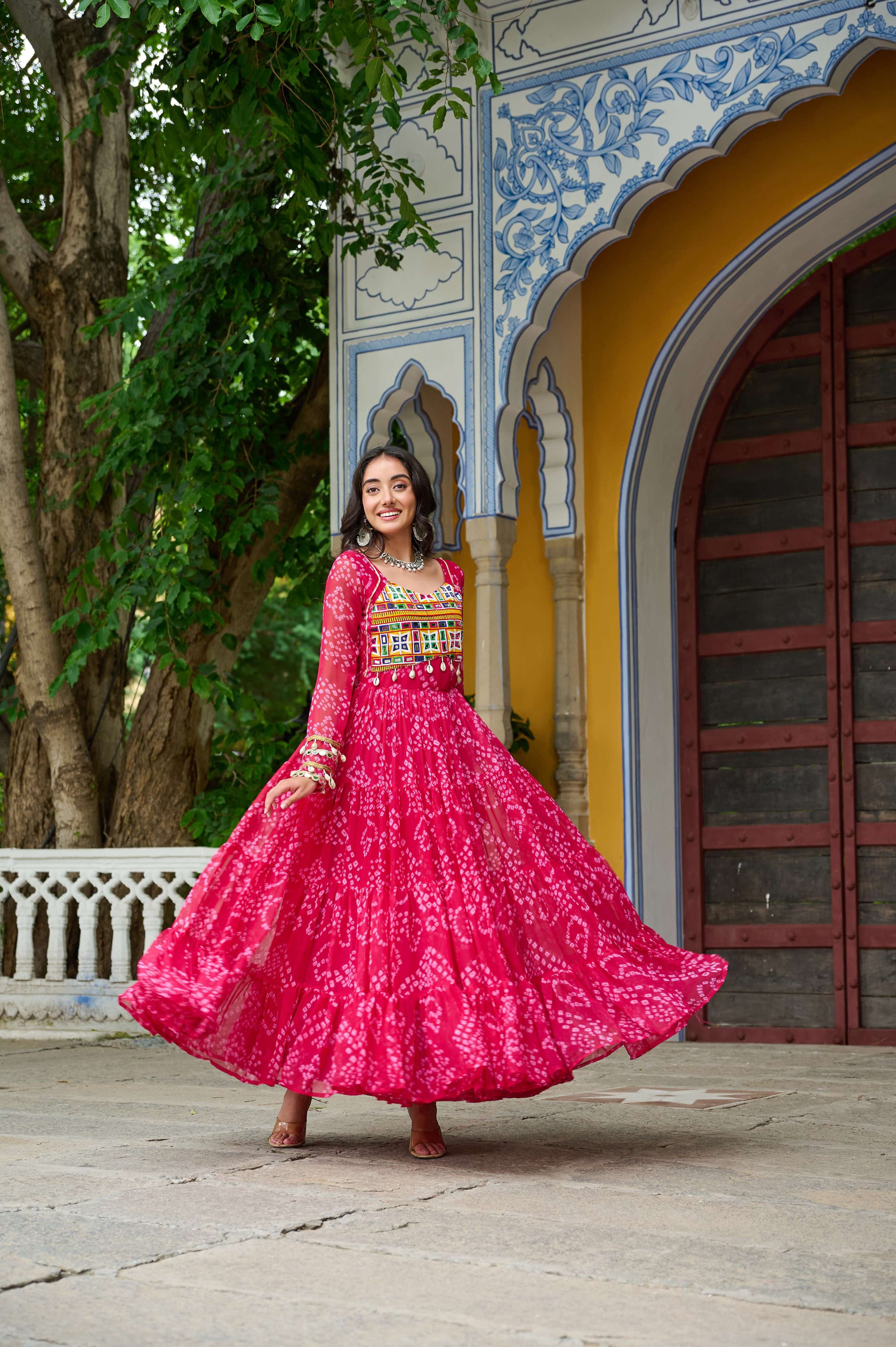 Prazu Fashion Pink Georgette Bandhani Print With Kutchi Patch work Navaratri Gown - Distacart