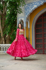 Thumbnail for Prazu Fashion Pink Georgette Bandhani Print With Kutchi Patch work Navaratri Gown