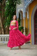 Thumbnail for Prazu Fashion Pink Georgette Bandhani Print With Kutchi Patch work Navaratri Gown