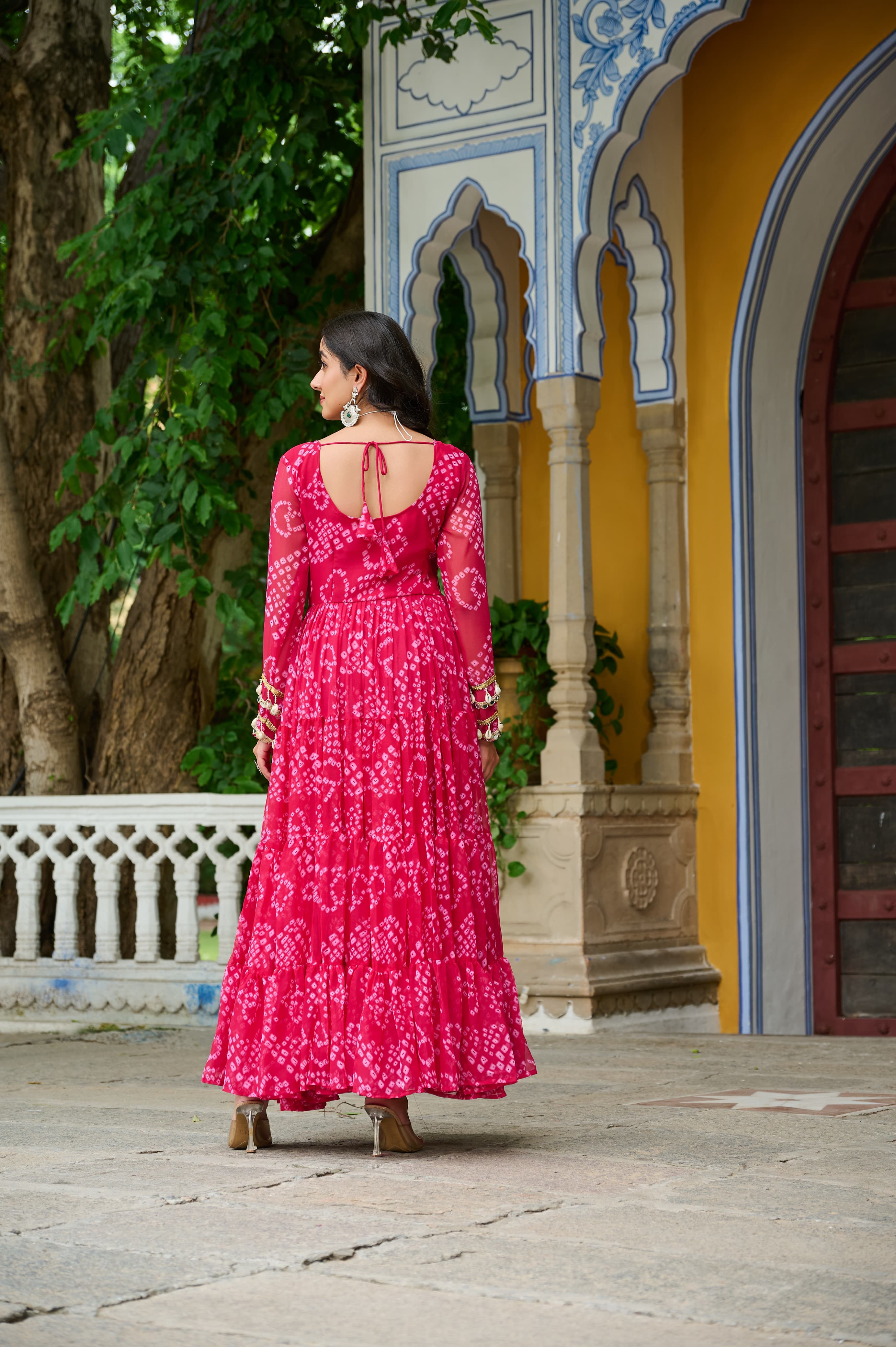 Prazu Fashion Pink Georgette Bandhani Print With Kutchi Patch work Navaratri Gown