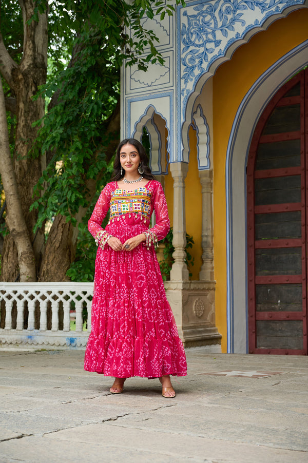 Prazu Fashion Pink Georgette Bandhani Print With Kutchi Patch work Navaratri Gown