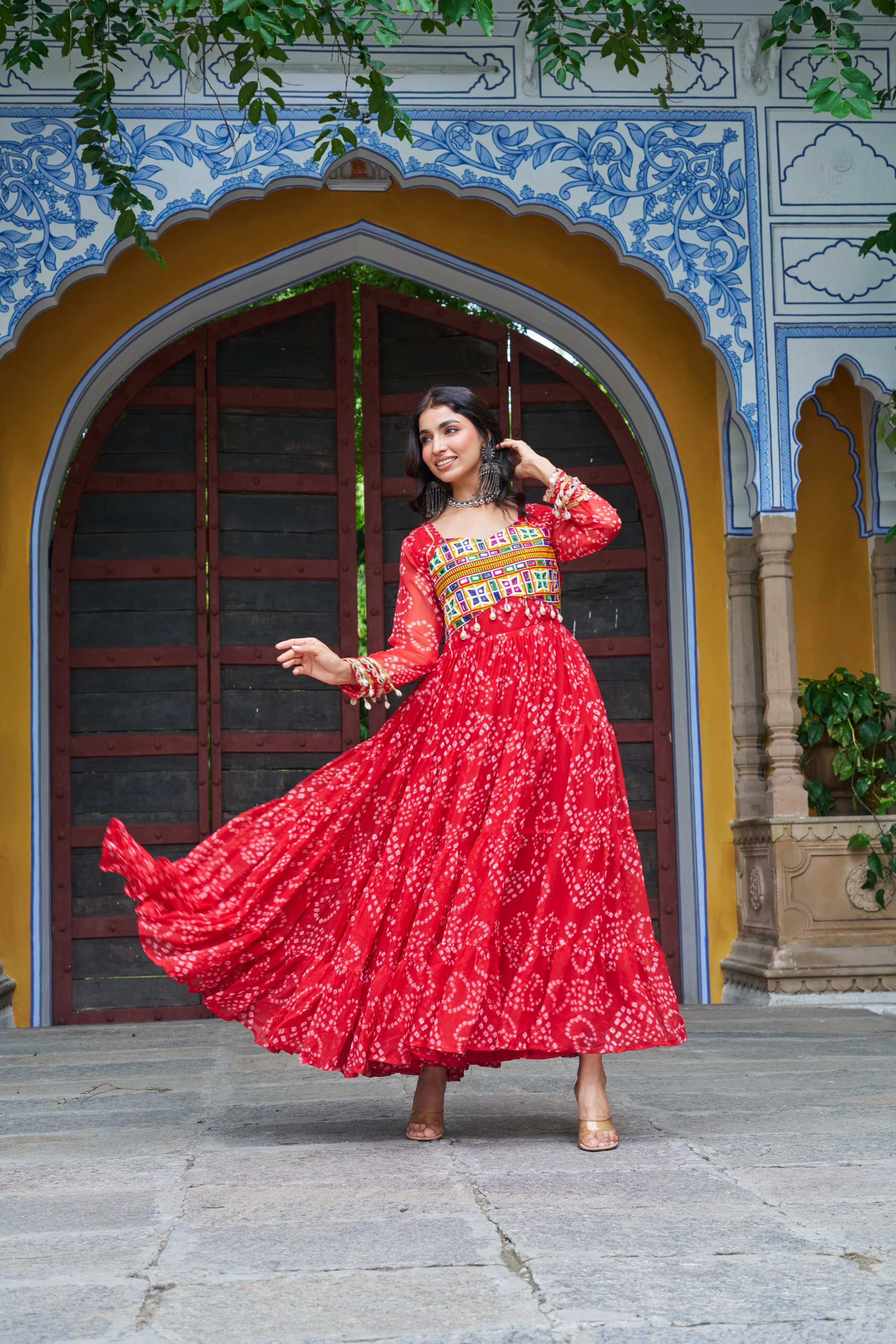Prazu Fashion Red Georgette Bandhani Print With Kutchi Patch work Navaratri Gown - Distacart