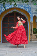 Thumbnail for Prazu Fashion Red Georgette Bandhani Print With Kutchi Patch work Navaratri Gown