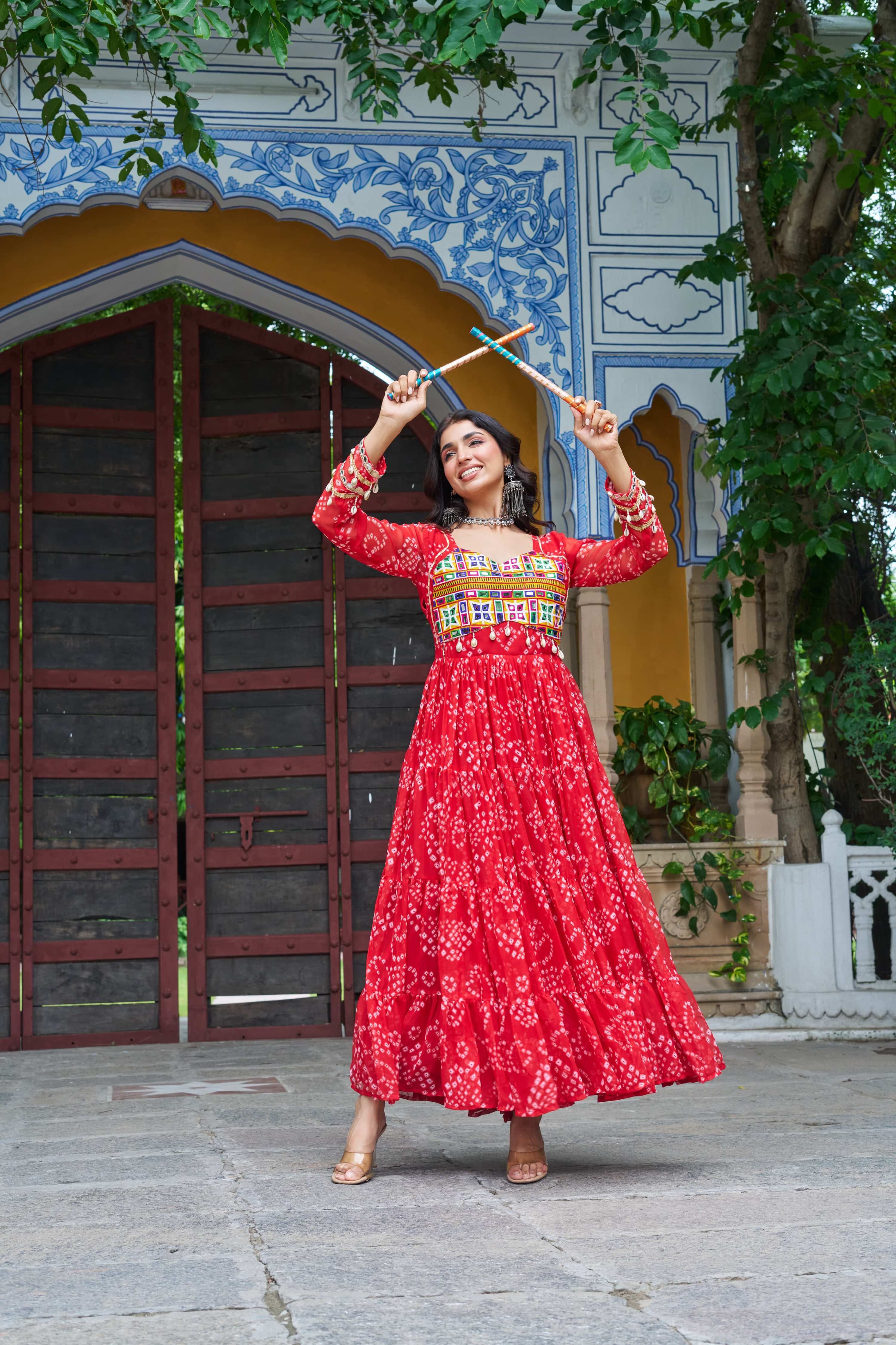 Prazu Fashion Red Georgette Bandhani Print With Kutchi Patch work Navaratri Gown
