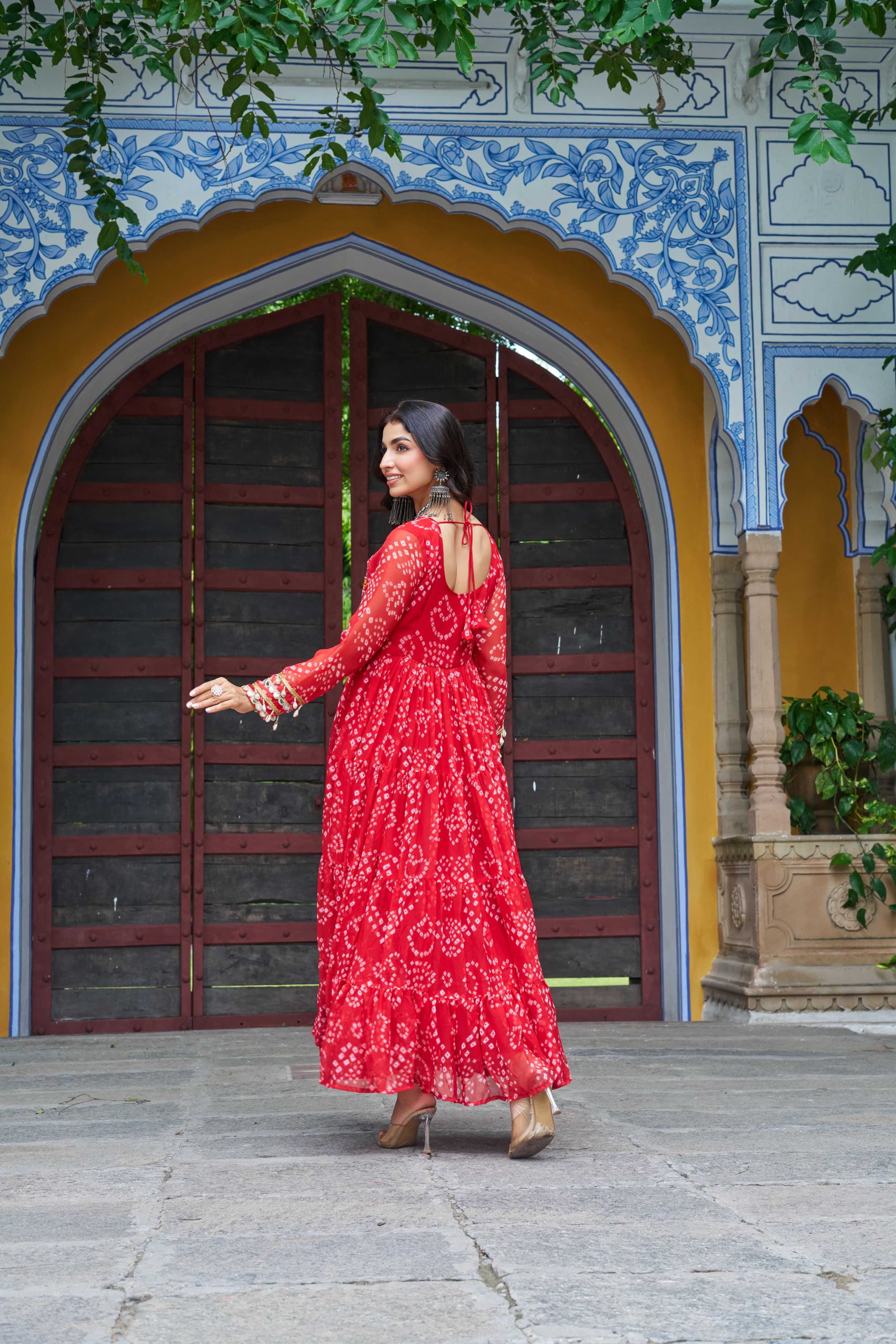 Prazu Fashion Red Georgette Bandhani Print With Kutchi Patch work Navaratri Gown