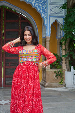 Thumbnail for Prazu Fashion Red Georgette Bandhani Print With Kutchi Patch work Navaratri Gown